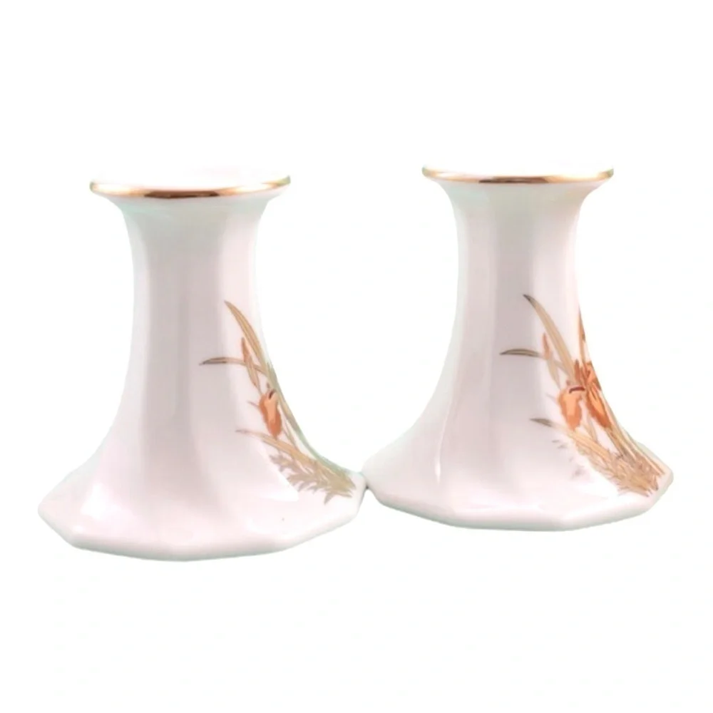 Porcelain White Candlesticks With Peach and Rust Iris flowers And Gilding. Set 2